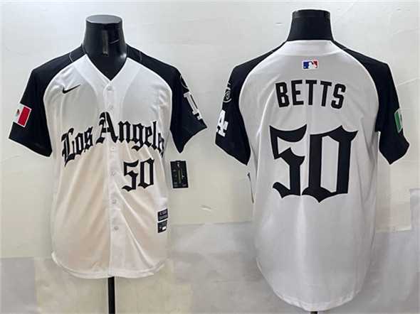 Mens Los Angeles Dodgers #50 Mookie Betts White Black Mexico 2025 LA Gothic Style With Fernando Patch Vapor Premier Limited Stitched Jersey